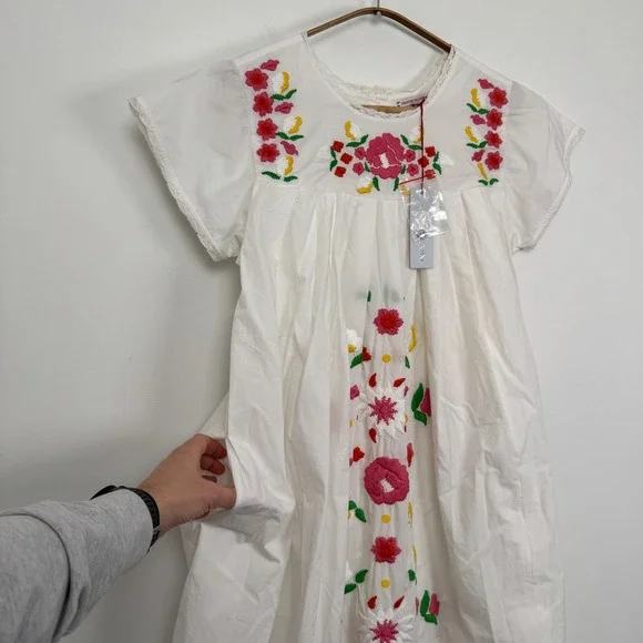 NEW - FRANCES VALENTINE Floral Garland Embroidery Midi Dress Oyster Multi Size S